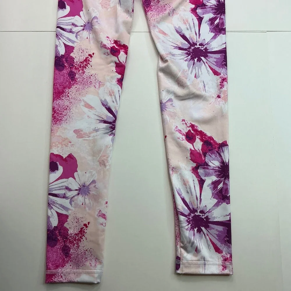 Justice Multi Pink Floral Leggings Kids Size L 12/14 Gold Metallic Waistband